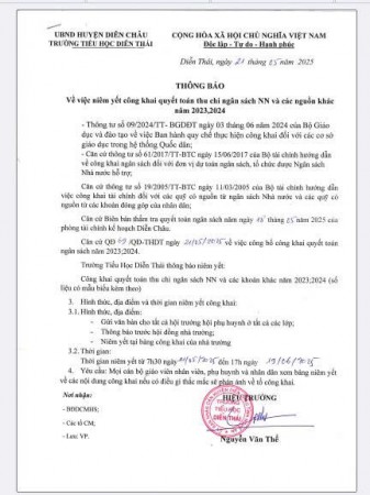 Thông báo về việc niêm yết công khai thu chi ngân sách NN và các nguồn khác năm học 2023,2024