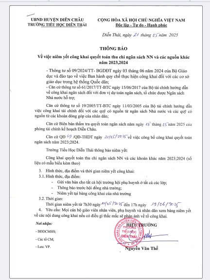 Thông báo về việc niêm yết công khai thu chi ngân sách NN và các nguồn khác năm học 2023,2024
